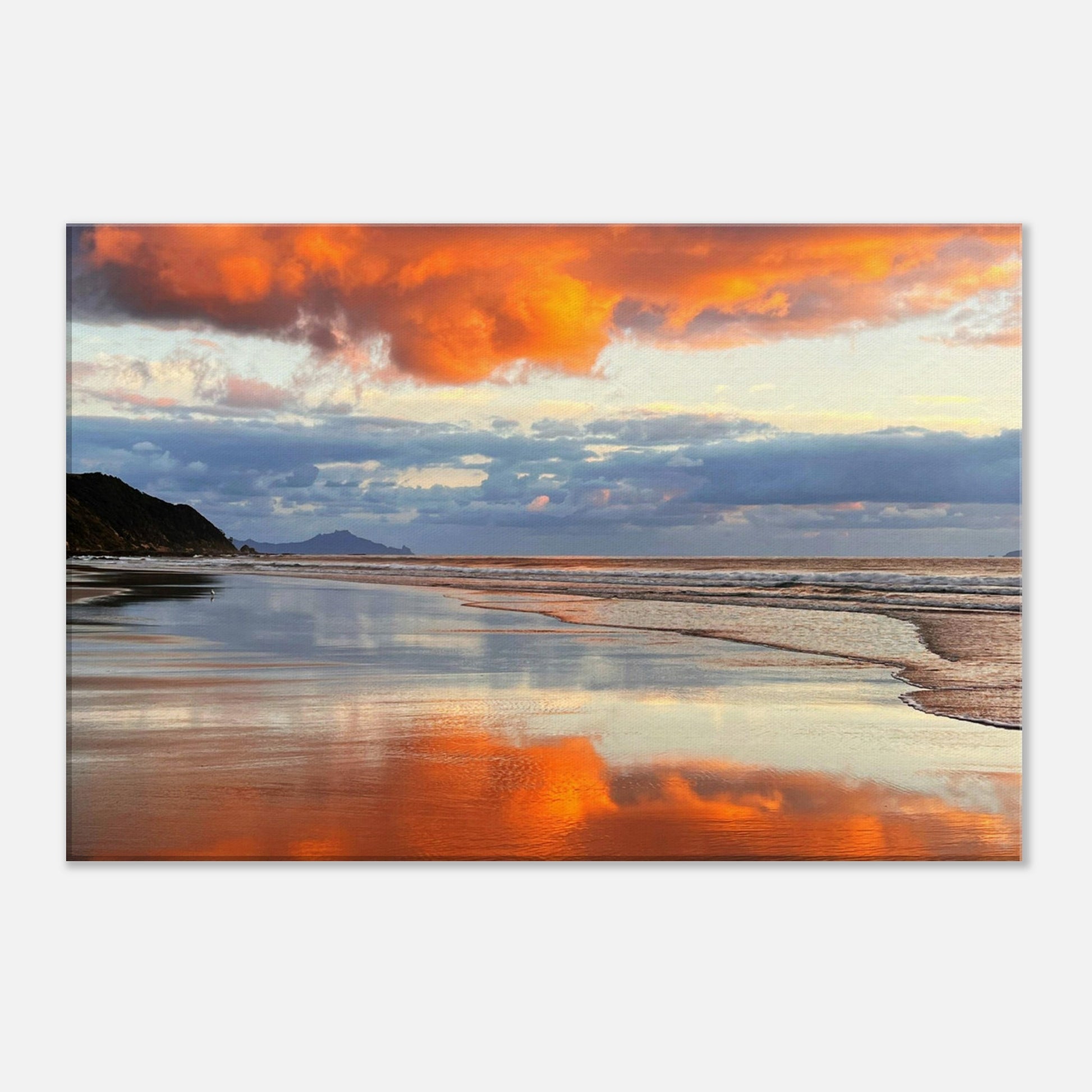 Mangawhai sunrise, mangawhai, mangawhai heads, surf beach, surf, beach, sunrise, northland, nz, new zealand, reflections, orange, pink, blue, orange cloud, piwaka prints, canvas, wall art,