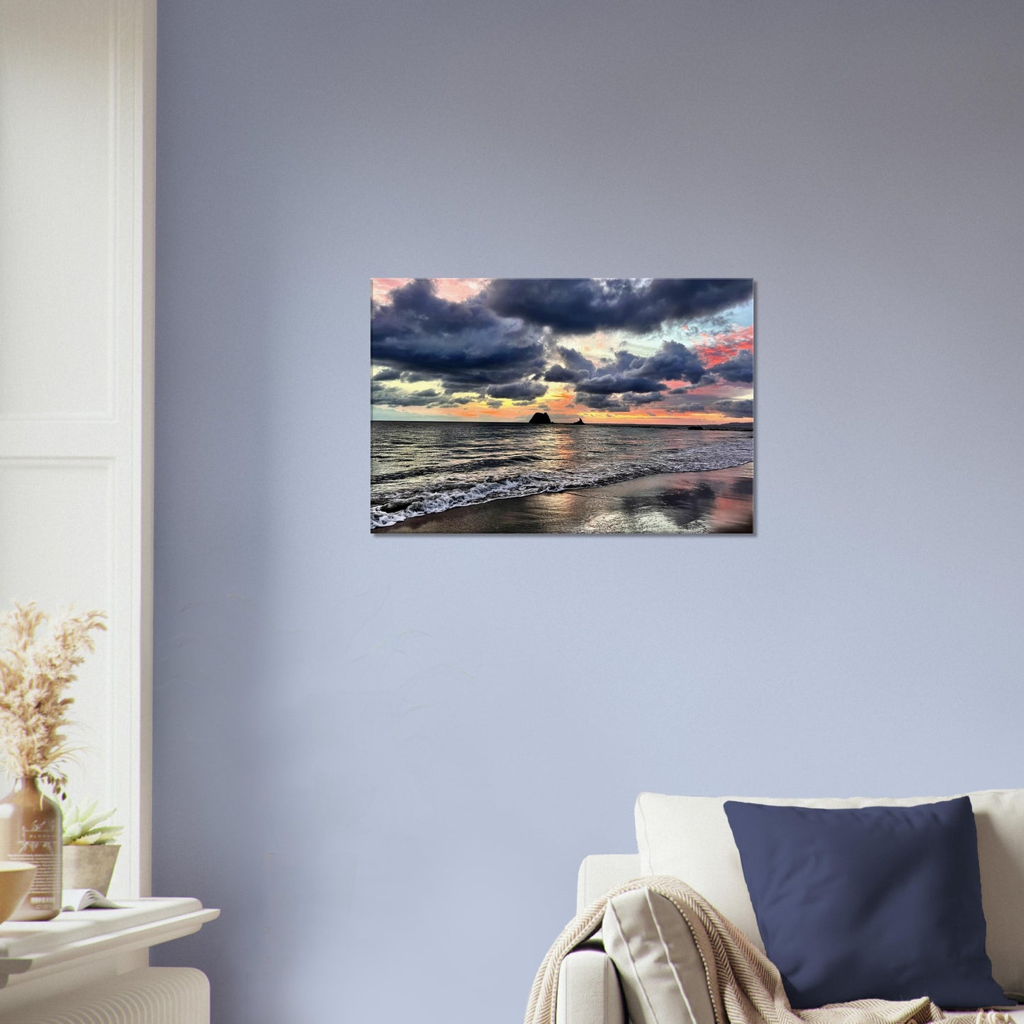 moody sunrise nz, moody sunrise, sunrise nz, mangawhai heads, mangawhai heads surf beach, stormy nz, grey, orange, blue, pink, reflections nz, black clouds nz, new zealand, beach walks nz, wall art nz,