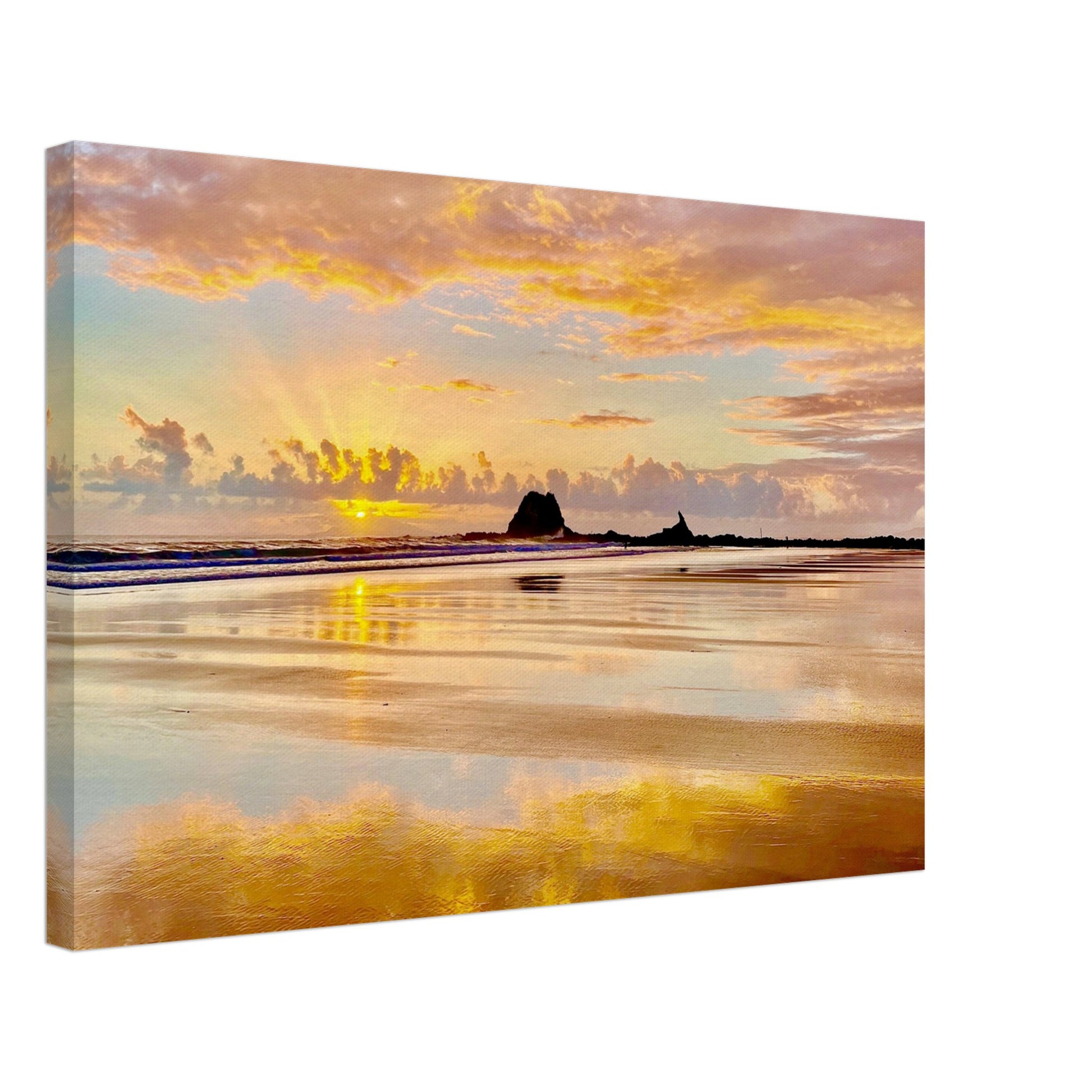 summer, sunrise, summer sunrise, pink, yellow, blue, reflection, mangawhai heads surf beach, surf beach, nz, northland, new zealand, head rock, howling wolf, beach, paradise, ocean, piwaka prints, canvas, wall art, sunrise canvas nz, sunrise canvas, nz canvas, new zealand canvas,