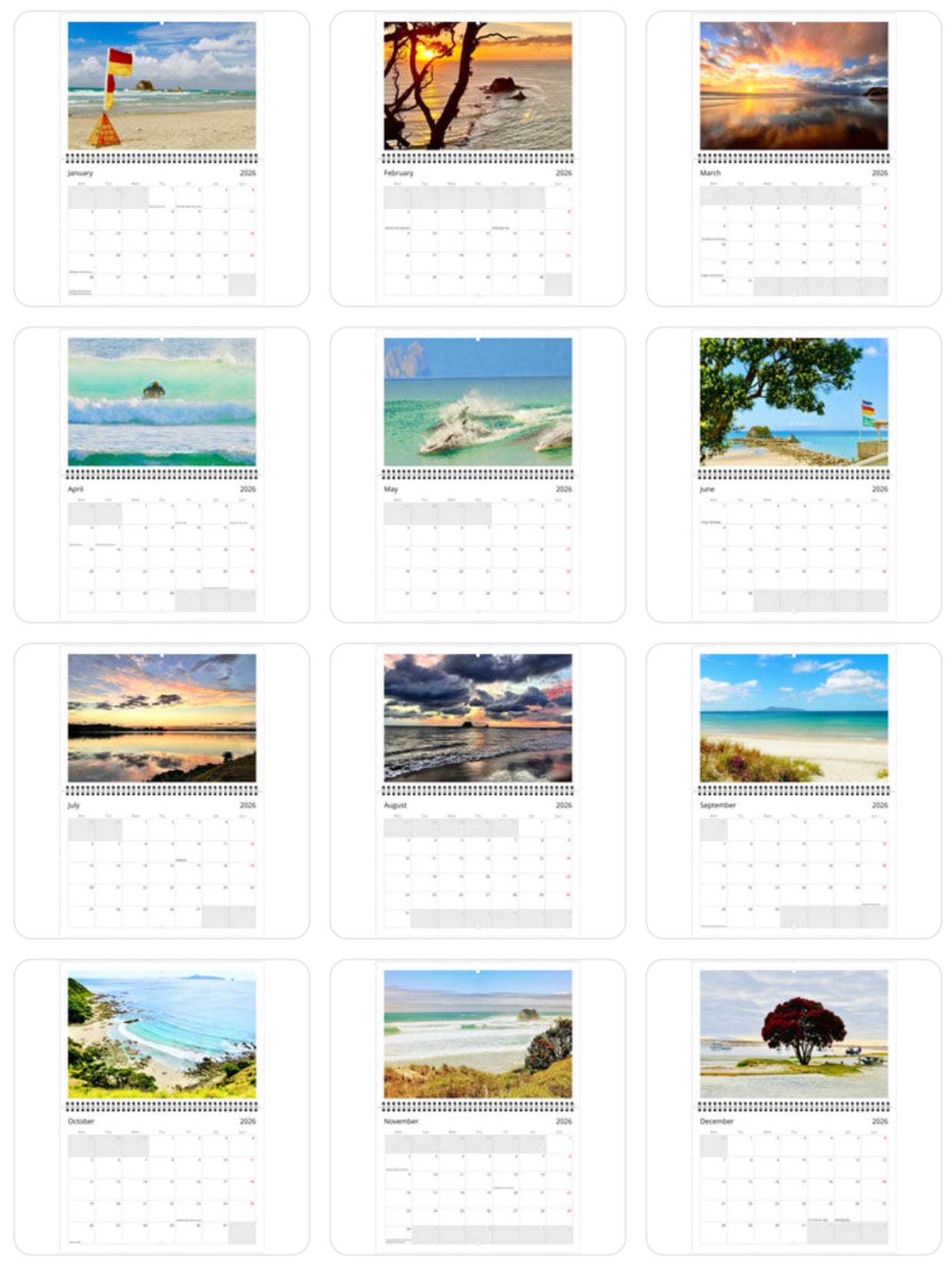 Calendar layout with scenic images of beaches and landscapes. Mangawhai 2026 calendar mockup, wall calendar display, new zealand photography calendar, office decor, piwaka prints