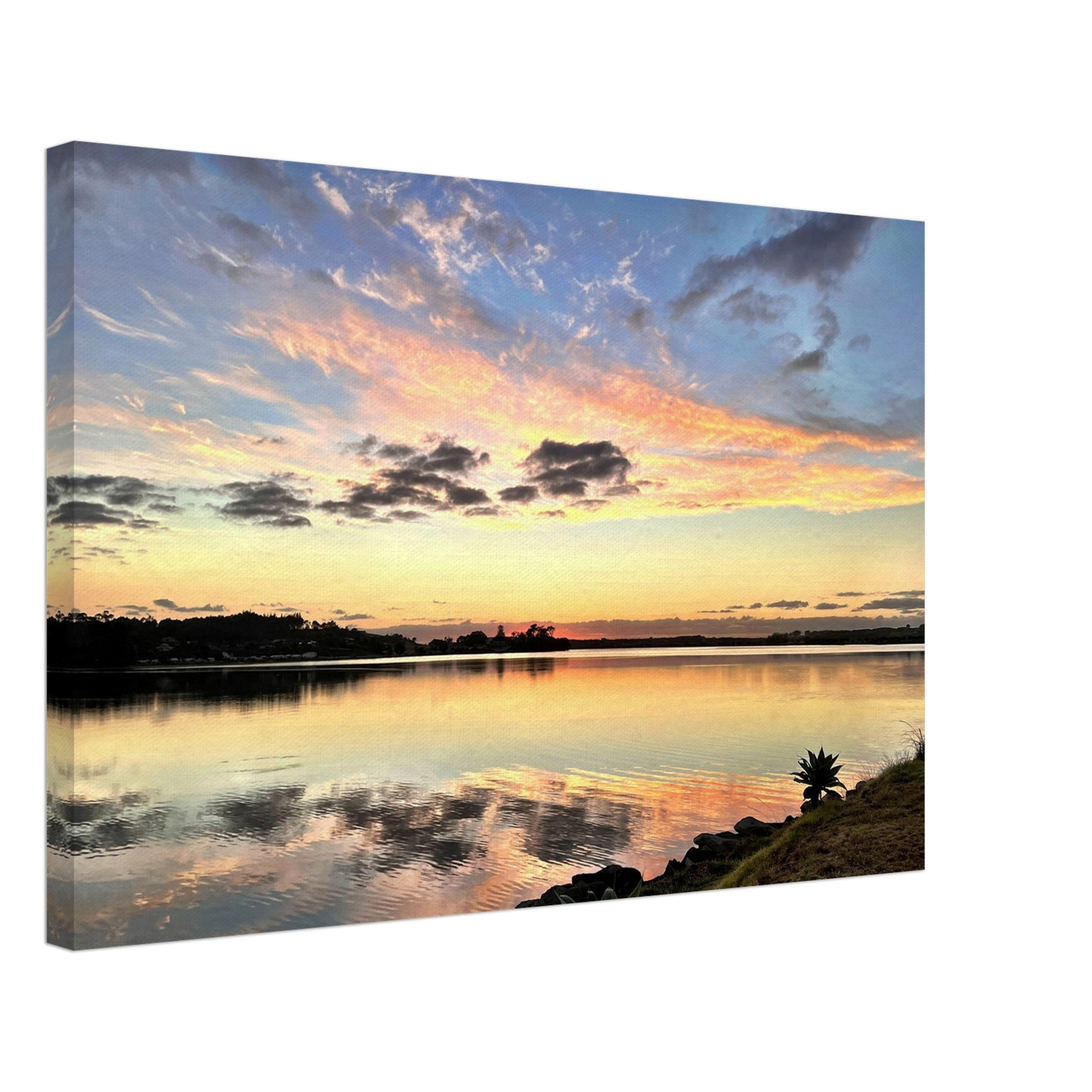 Mangawhai sunrise, mangawhai, mangawhai heads, estuary, mangawhai estuary, sunrise, northland, nz, new zealand, reflections, orange, pink, yellow, blue, piwaka prints, canvas, wall art, sunrise canvas nz, sunrise canvas, sunrise wall art nz,