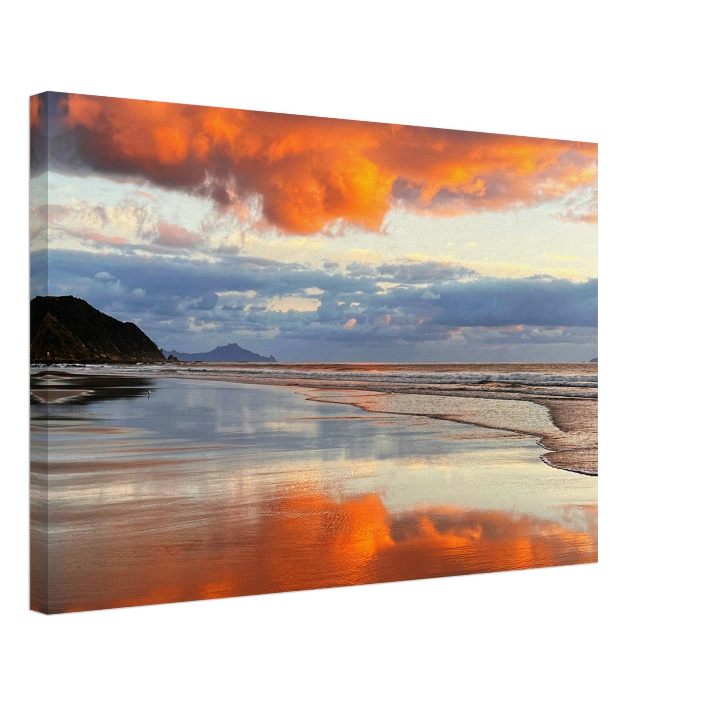 Mangawhai sunrise, mangawhai, mangawhai heads, surf beach, surf, beach, sunrise, northland, nz, new zealand, reflections, orange, pink, blue, orange cloud, piwaka prints, canvas, wall art, sunrise reflections canvas nz, sunrise reflections nz,