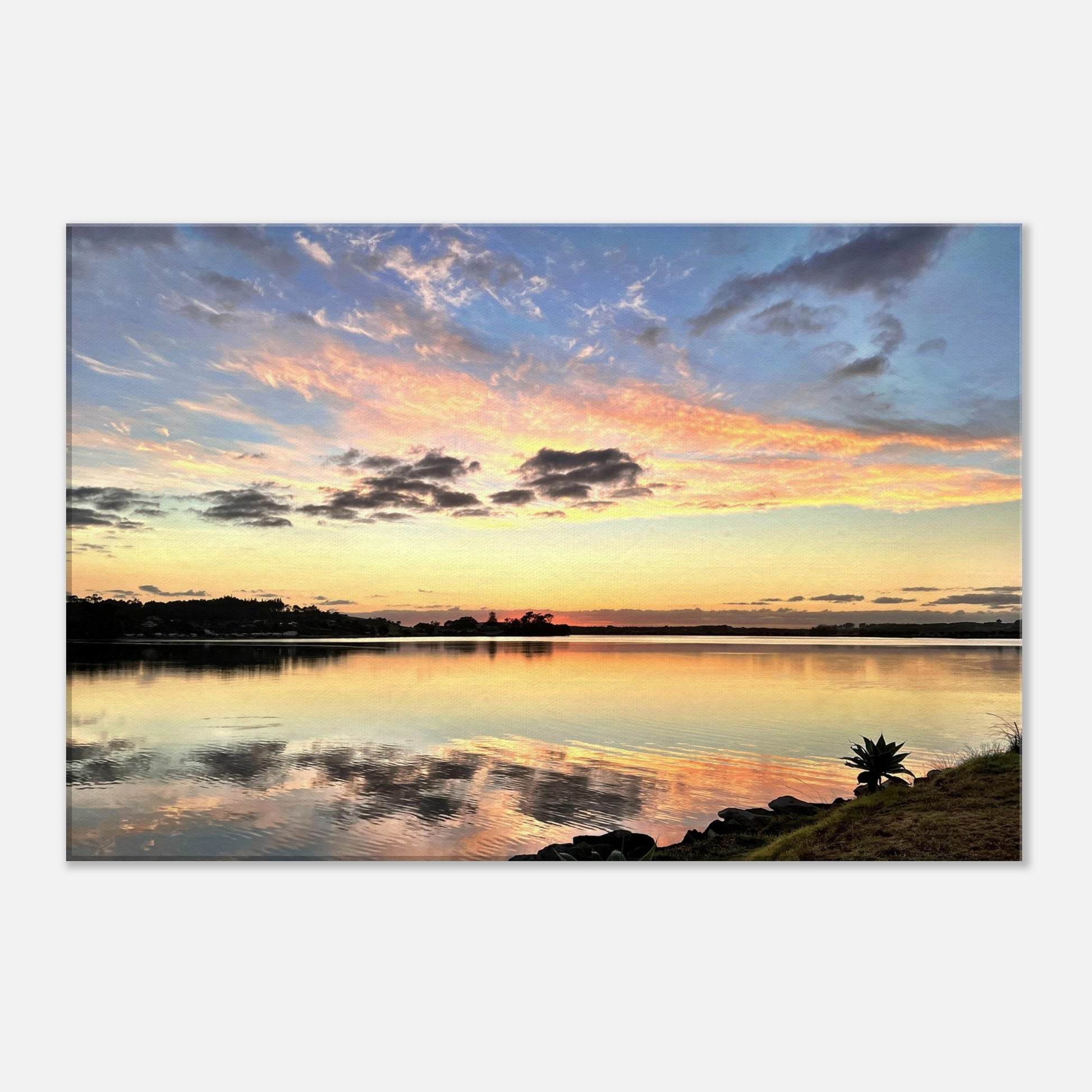 Mangawhai sunrise, mangawhai, mangawhai heads, estuary, mangawhai estuary, sunrise, northland, nz, new zealand, reflections, orange, pink, yellow, blue, piwaka prints, canvas, wall art,