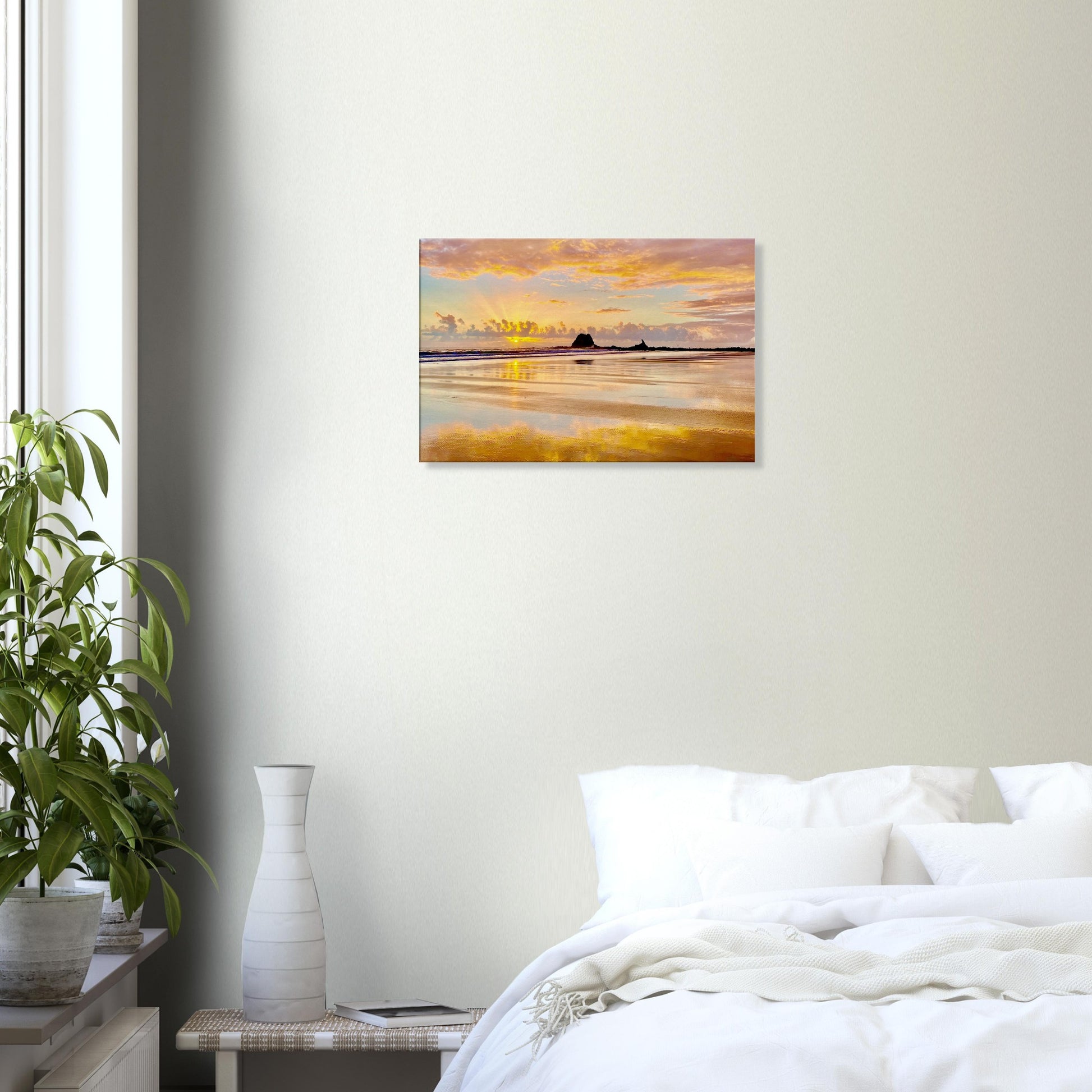 summer, sunrise, summer sunrise, pink, yellow, blue, reflection, mangawhai heads surf beach, surf beach, nz, northland, new zealand, head rock, howling wolf, beach, paradise, ocean, piwaka prints, canvas, wall art, bedroom,