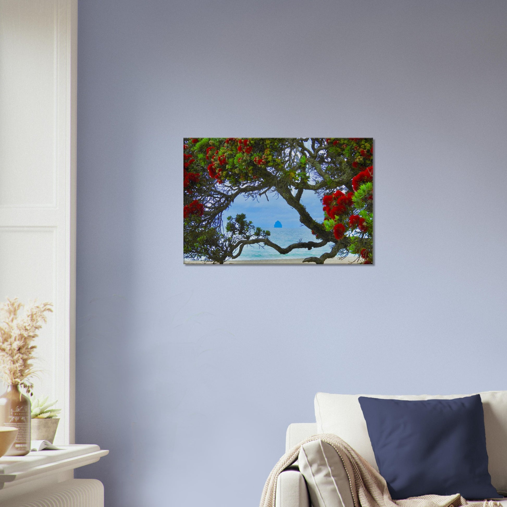 langs beach, northland, langs, pohutukawa, pohutukawa tree, sail rock, piwaka prints, beach, ocean view, red flowers, canvas art, photography, nz, new zealand