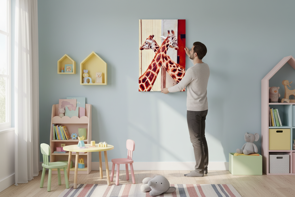 Person hanging frameless giraffe canvas in child's bedroom