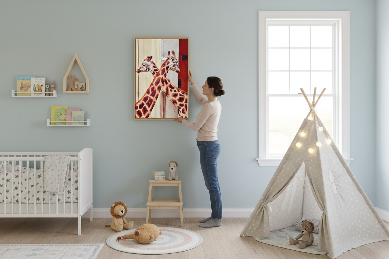 Person hanging giraffe canvas in child's bedroom, Giraffe, giraffes, pair of giraffes, valentine’s day, valentine, nz, wellington, canvas, wall art, piwaka prints, nz, new zealand