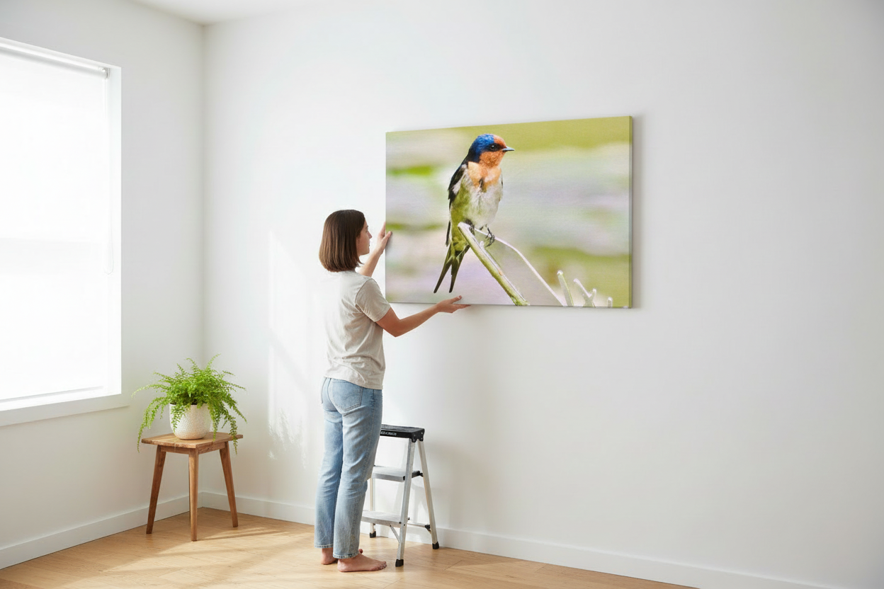 Person hanging Welcome Swallow canvas