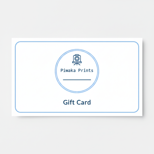 Piwaka Prints Gift Card - Exact Logo Colors, piwaka prints, nz, new zealand, mothers day, mangawhai, instant delivery, gift card, fathers day, email delivery, e-gift, digital product, christmas gift, birthday gift, art lovers gift, art for bird lovers, all occasions

